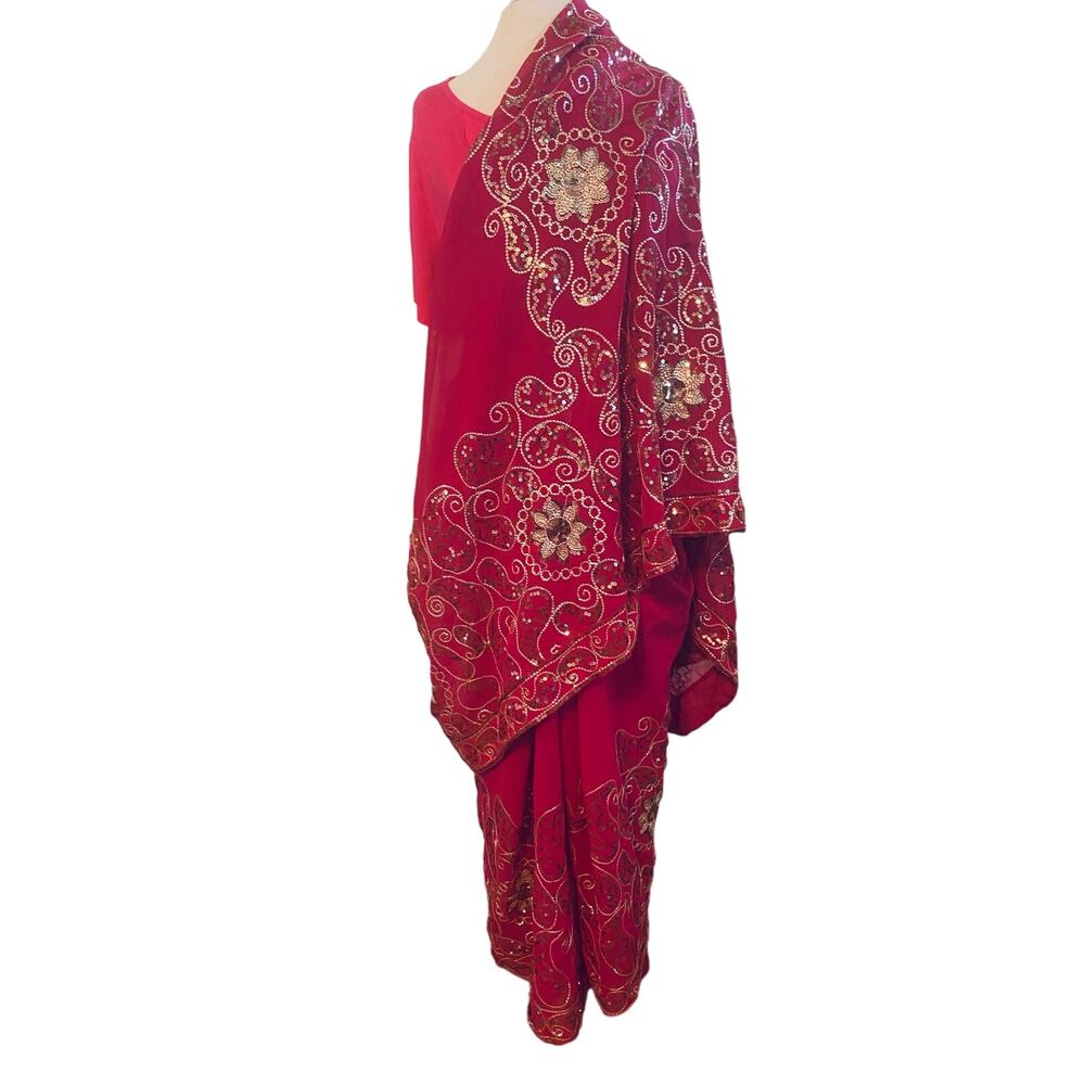Formal Saree deep pink gold sequined. NEW